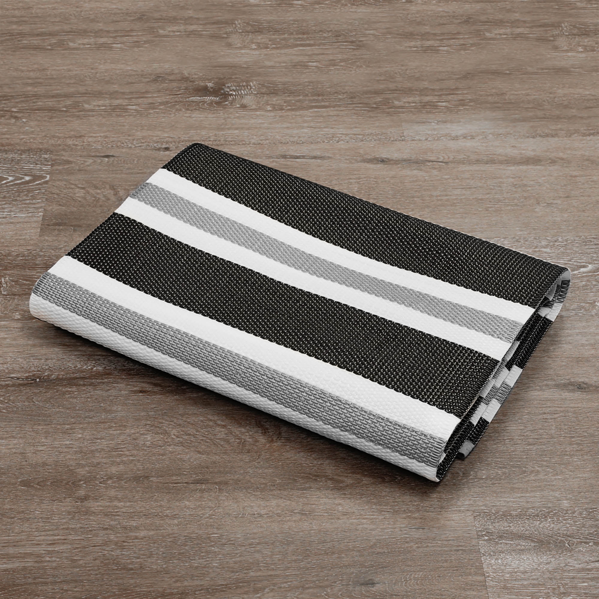 Luna Contemporary Stripe Black and Gray Polypropylene Reversible Plastic Straw Outdoor Area Rug, 8'11'' x 11'10'' Rectangle