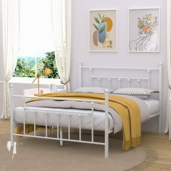 VECELO Full Size Metal Platform Bed Frame with Victorian Headboard and Footboard, No Box Springs Need, Easy Assembly, White