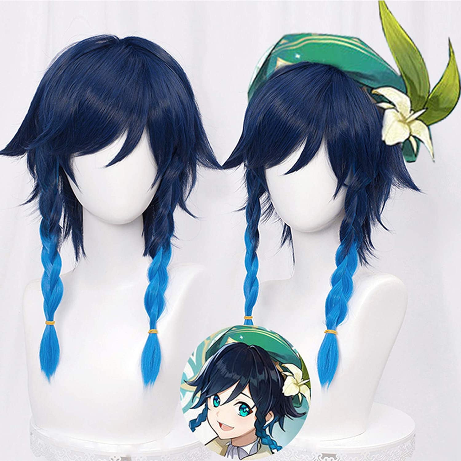 IFENG Navy Blue Wig for Venti Genshin Impact 2 Tone Anime Cosplay Hair Wigs with Braids Ponytails Bangs Cap Dark Blue Walmart
