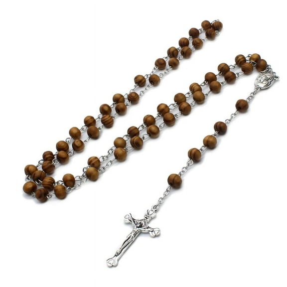 ESTONE Retro Wooden Rosary Beads Necklace for Women Cross Jesus Pendant Religious Gifts
