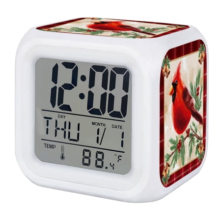Christmas Cardinal Digital Alarm Clock for Bedrooms, Smart LED Alarm Clock with 7 Color Changing Night Light, Winter Red Bird Vintage Xmas Berry Leaf Silent Wake Up Clocks for Sleep Study Cooking