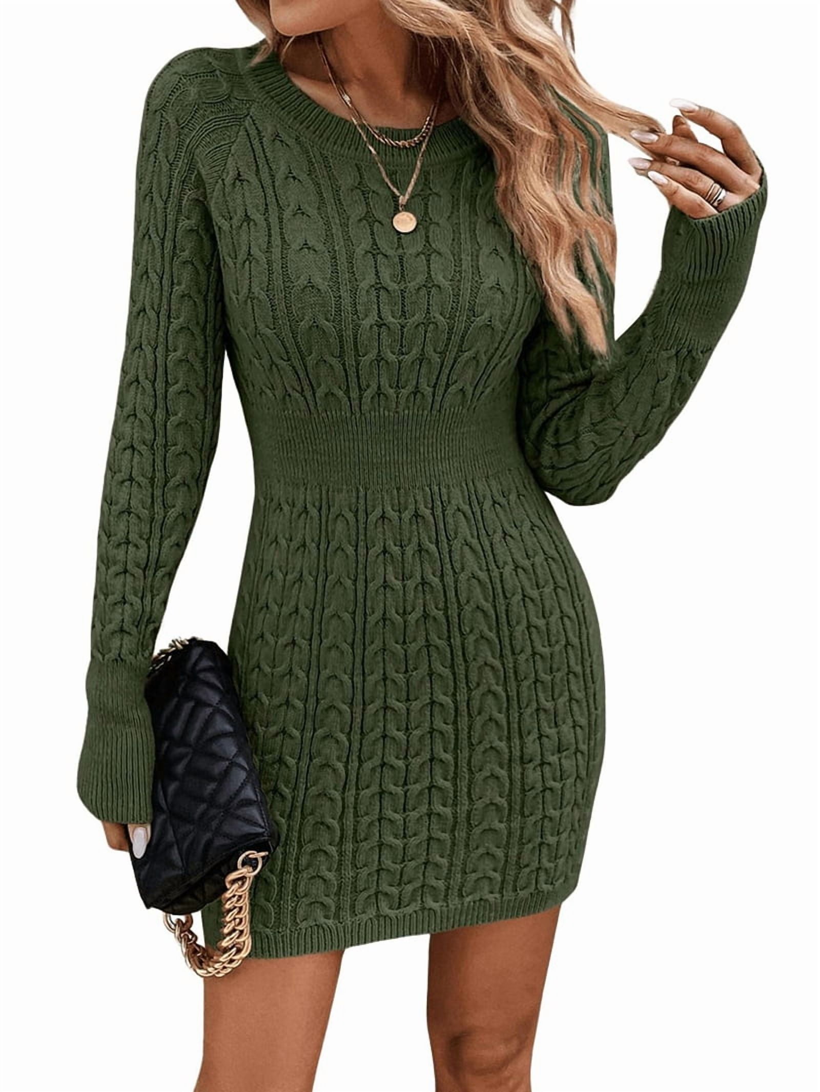 Women'S Cable Knit Sweater Dress Long Sleeve Knit Fall Winter Dresses Crewneck Mini Pencil Dresses Army Green S