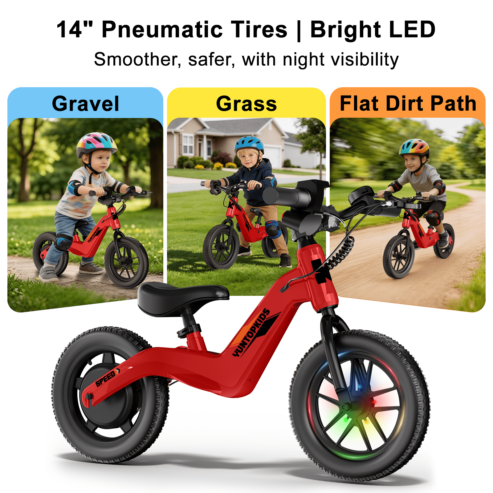 YunTopKids Electric Bike for Kids, 180W Motor Electric Balance Bike with 14 Inch Pneumatic Tires, up to 9.3MPH& 3 Speed Settings, Adjustable Seat for Ages 3-6,Red