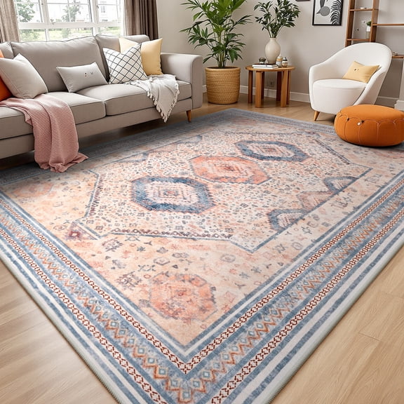 TWINNIS 6'x9'Vintage Persian Area Rug, Low Pile Washable Carpet,Non Slip Rugs for Living Room Bedroom,Orange