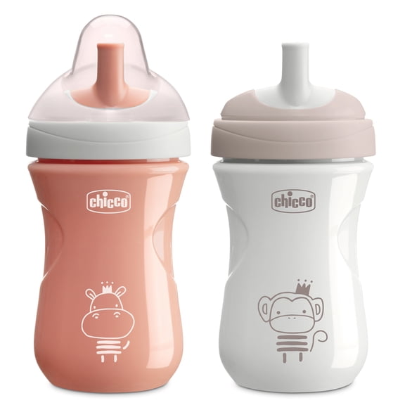 Chicco 9oz. Sport Spout Trainer Sippy Cup with Straw Shaped Spout, 9m , 2-Pack - Coral/Grey