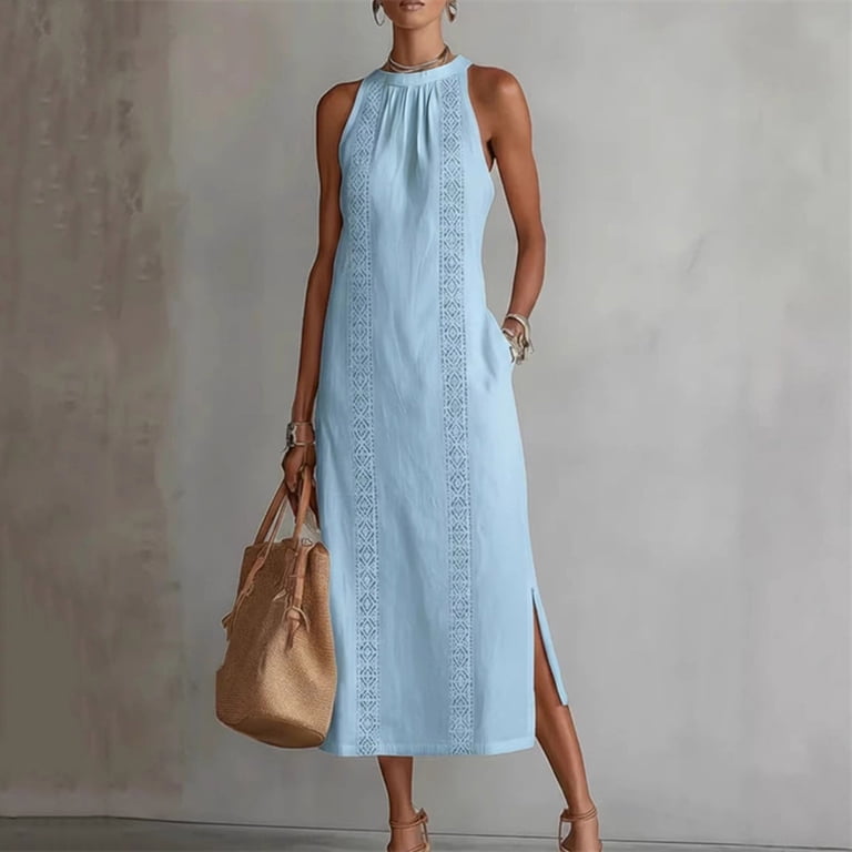 casual midi tank dress Kukoosong Women's Halter Neck Sleeveless Dress, Mid Waist Basic Midi Tank Dress, Casual Loose Split Side Dress with Pockets for Summer, Size: Large,