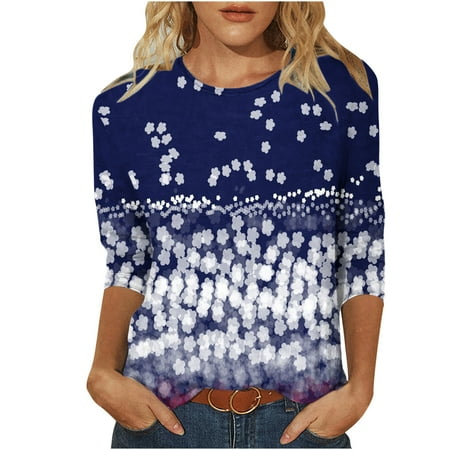 Patlollav Independence Day 3/4 Length Sleeve Womens Tops Summer Round Neck Shirts Three Quarter Sleeve Tshirts