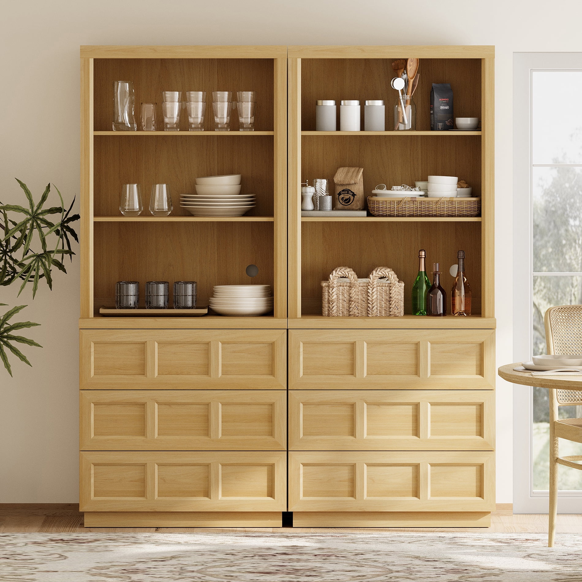 HOMOOI Wood Pantry Cabinet, Boho Freestanding Kitchen Storage Hutch with 2 Adjustable Open Shelves and 6-Large Drawers,Anti-Wobble Storage Organizer for Kitchen, Dining Room, Entryway,Oak