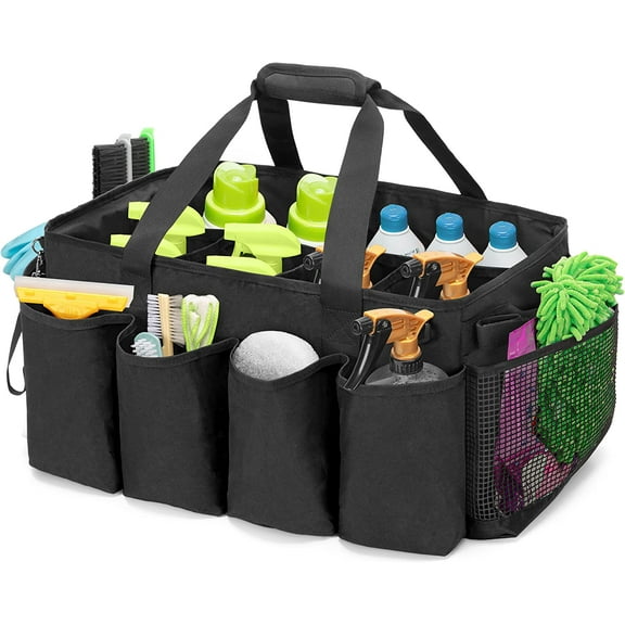 Extra-Large Cleaning Caddy, Organizer with Handles for Cleaning Tools & Products Storage, Large Capacity Tote Bag for Car, Home & Housekeeping Work, Black