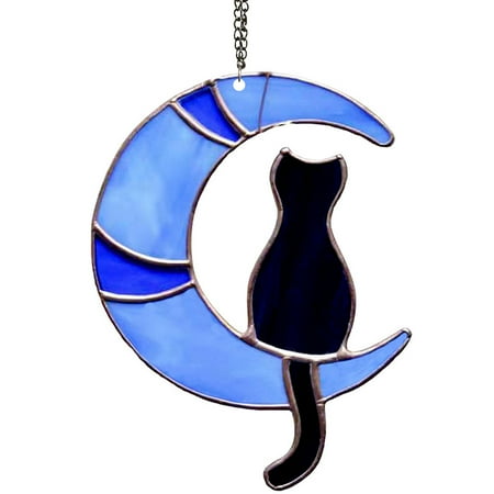 

Black Cat On Moon Stained Acrylic Window Hangings Ornament for Home Decor Craftsmanship Religious Acrylic Sun Through Pendant Blue