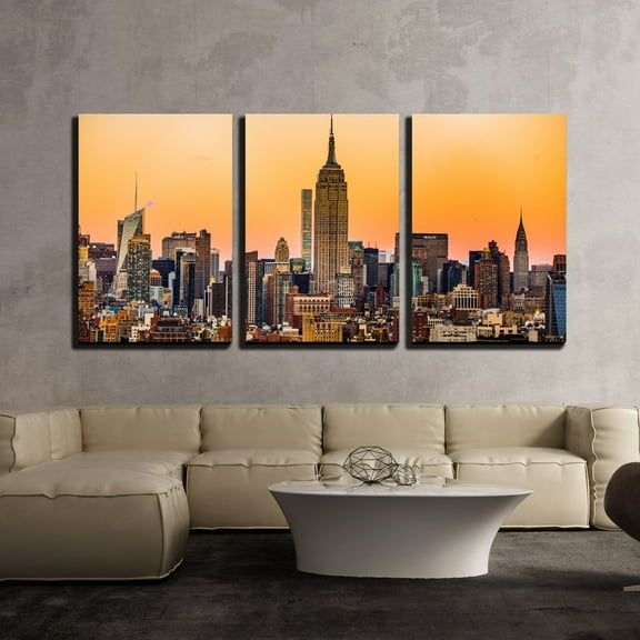 wall26 - 3 Piece Canvas Wall Art - Landscape with Skyscraper at Dawn in New York City - Modern Home Art Stretched and Framed Ready to Hang - 16"x24"x3 Panels