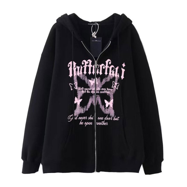 Estilo oscuro hip hop gótico Harajuku Y2K mariposa estampado de letras cremallera Sudadera con capucha Harajuku chaqueta sudadera