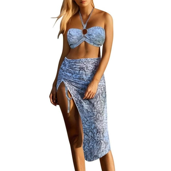 Women's Bikini Cover Up Set Three Piece Swimsuit Sarong Skirt and Top Mesh Sheer Beachwear Sexy Bathing Suit Outfits