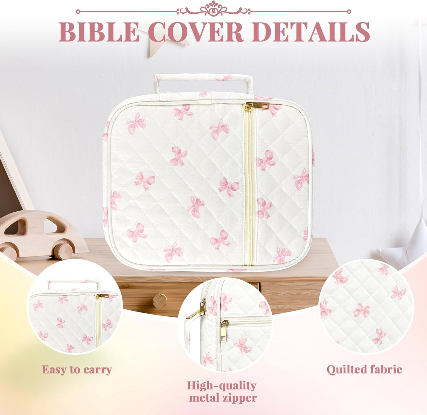 Bible Cover Case for Women,Bible Study Supplies Accessories,Bible Journaling Kit,Pink Flower Carrying Case with Highlighters - Pink Bow