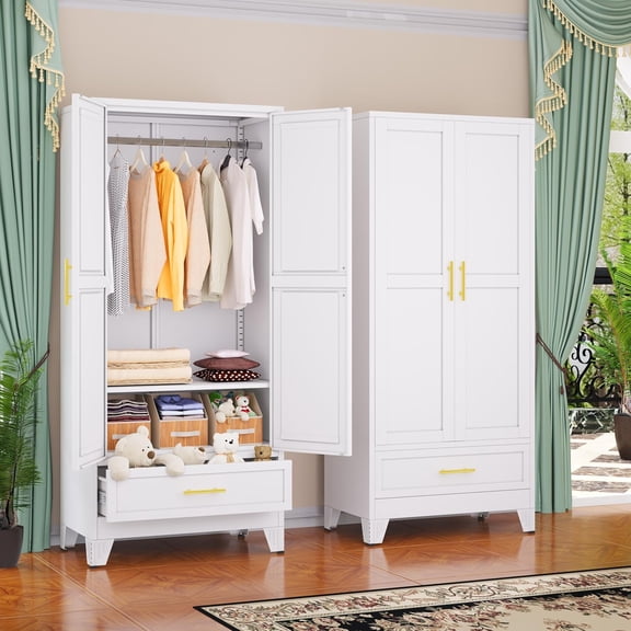 Steel Armoire Wardrobe Closet with 2 Doors, 71" Household Wardrobe Cabinet with Hanging Rod and Drawers, Metal Clothing Storage Cabinet with Adjustable Shelf for Bedroom, Cloak Room, Gym(White)