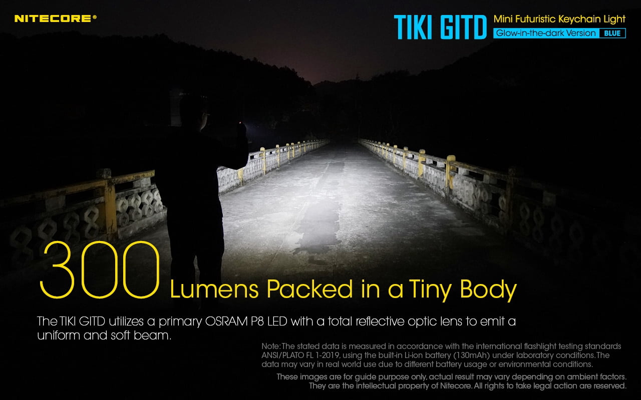 Nitecore TIKI GITD OSRAM P8 LED Rechargeable Keychain Flashlight, 300 Lumens, Bl