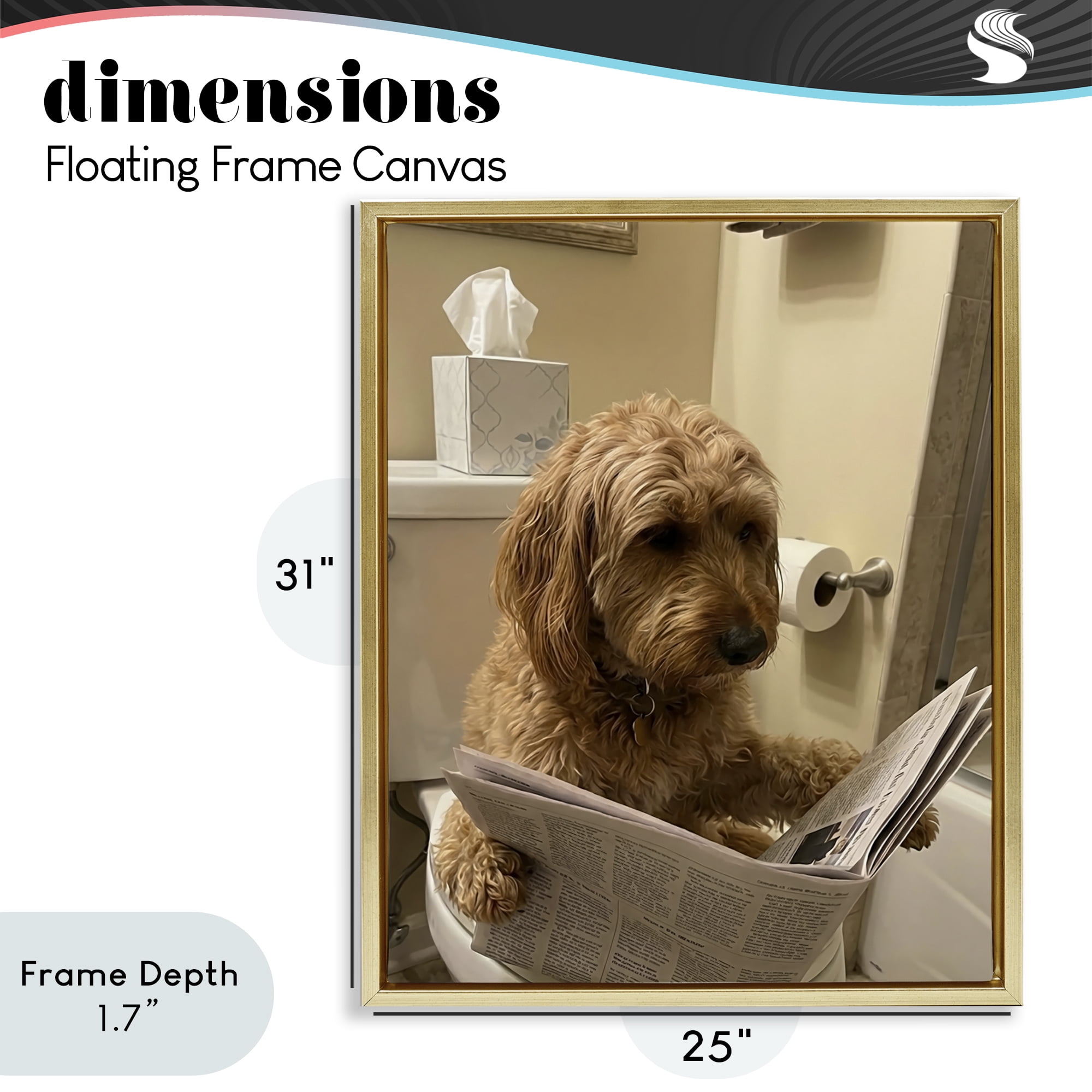 Stupell Industries Dog & Paper on Toilet Gold Framed Floater Canvas Wall Art, design by Abigail Walker