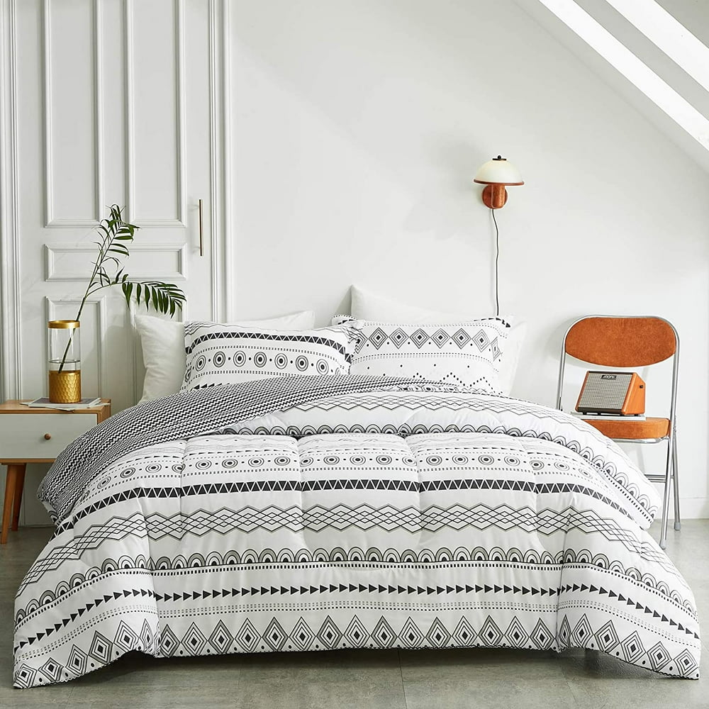 Bohemian Comforter Set, White Black Lightweight Geometric Aztec Bedding