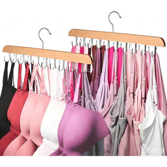 2 Pack Wooden Tank Top & Bra Hangers, 7 Hooks Space Saving Closet Organizer, Multi Hook Camisole Sports Bra Storage Holder for Dorm, Apartment & Small Closet