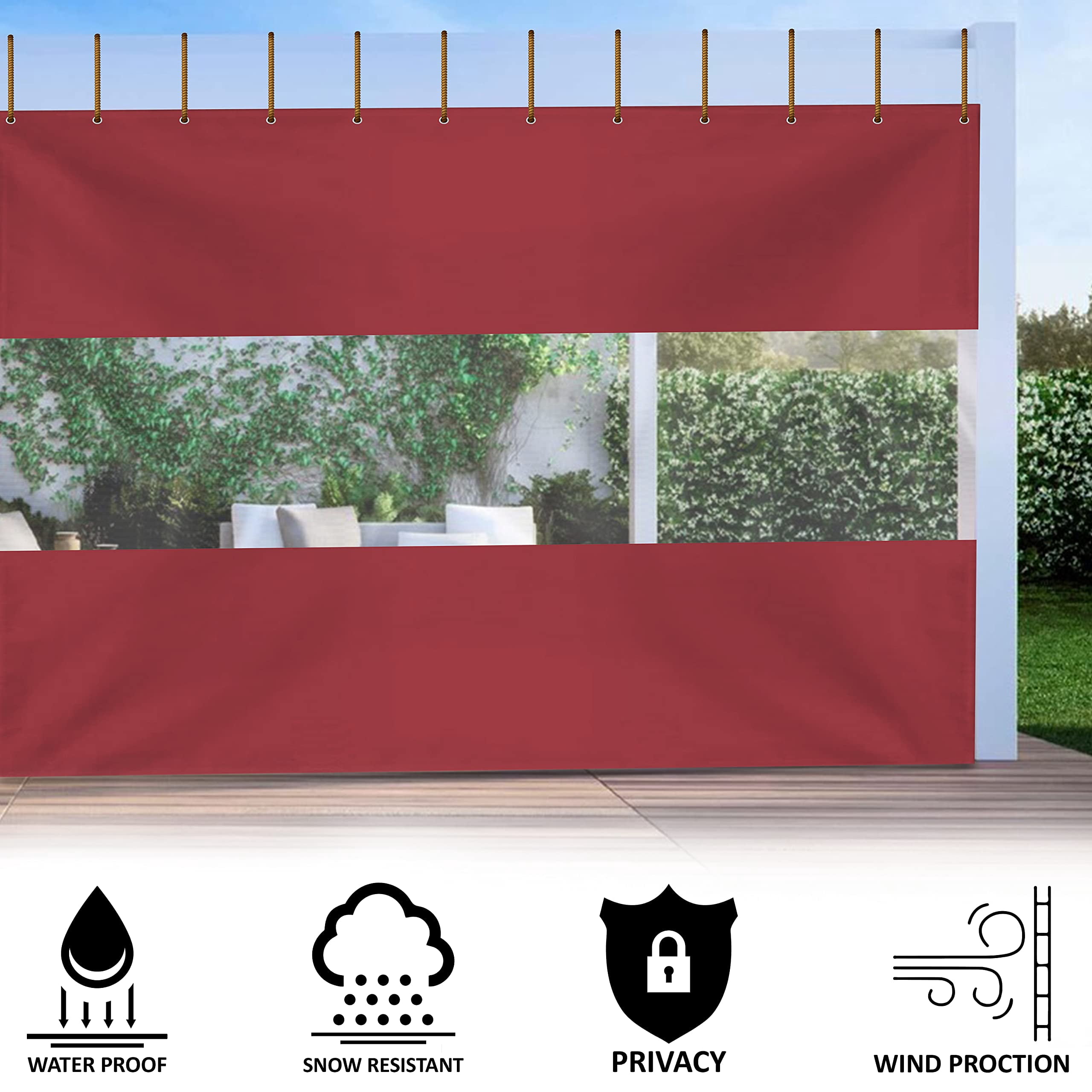 COVERS&ALL Outdoor Clear Panel Curtain, 18 Oz Tarp Tuff Waterproof & UV Resistant Material with Rustproof Grommets, Multi-Purpose Ideal for Outdoors/Indoors (4' H x 7' W feet, Red)