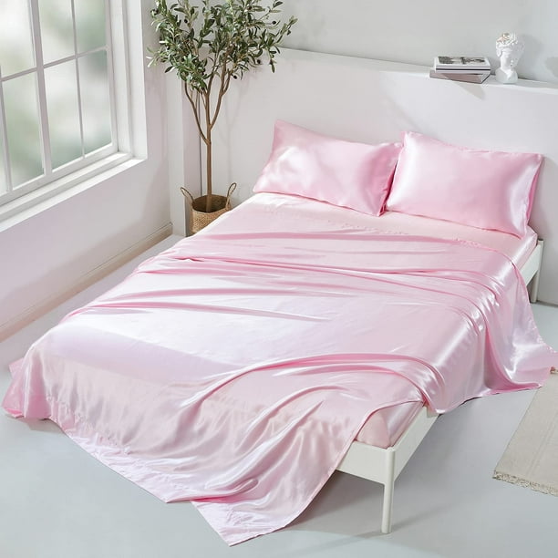 ANMINY Satin Sheets Twin Silk Sheets Light Pink Bed Sheet Set Deep Pocket Bed Flat Fitted Sheet