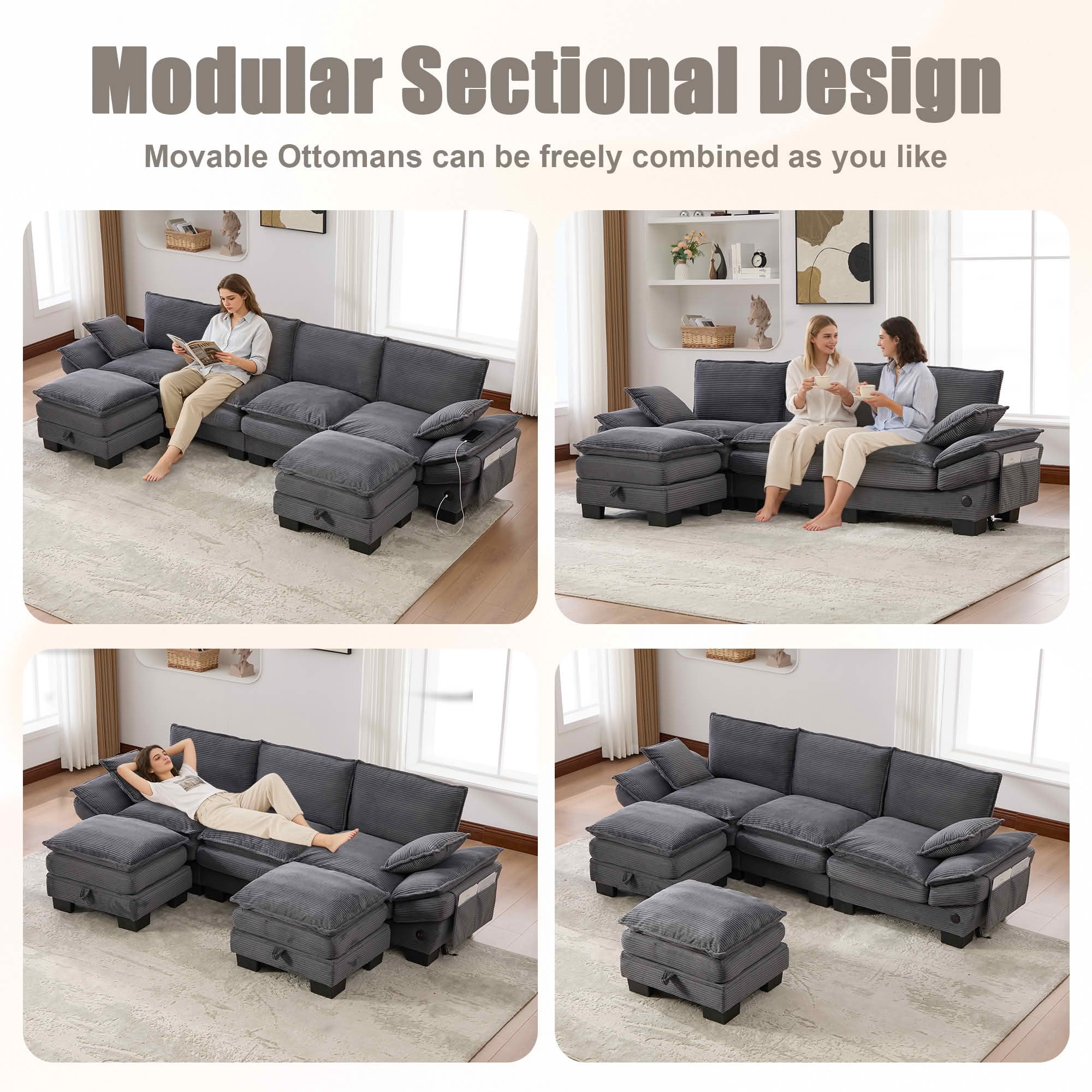 MAYEERTY Ottoman Footstool, Modular Cloud Sofa Footrest with Storage, Soft Corduroy, No Assembly, Dark Gray