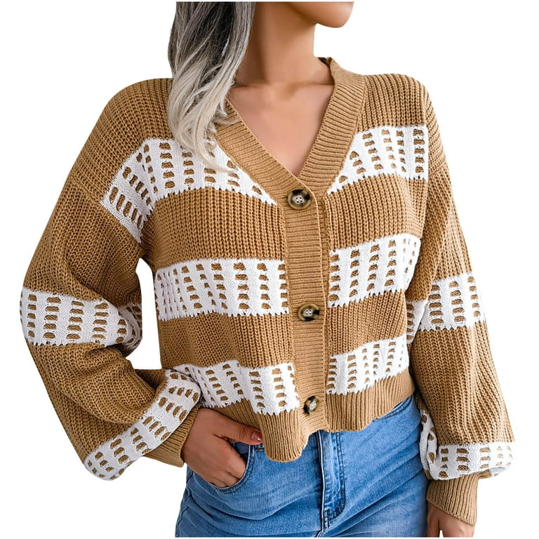 RQYYD Women Knitted Button Down Short Cardigan Long Sleeve V Neck Striped  Sweater Jacket Casual Color Block Open Front Crop Outwear (Khaki,S)