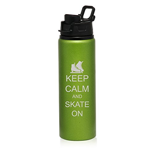 25 oz Aluminum Sports Water Travel Bottle Keep Calm And Skate On Ice Skates (Green) by
