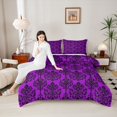 thumbnail image 4 of Homewish Retro Damask Jacquard Queen Comforter Set,Ancient Baroque Print Bedding Sets,Purple Black Bedding Comforter Set For Boys Girls,Breathable Home Decor Reversible,3pcs, 4 of 8
