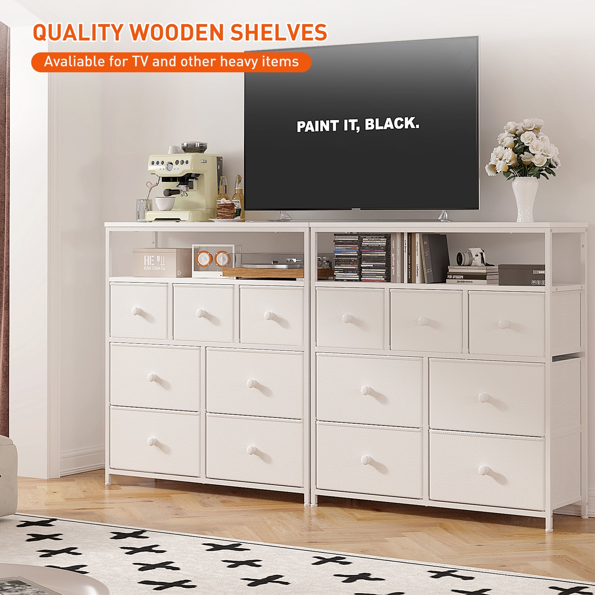 EnHomee White Dresser for Bedroom with 7 Drawers & 2 Shelves TV Stand Dresser with Wooden Top and Metal Frame Tall Dressers & Chest of Drawers for Closets Bedroom