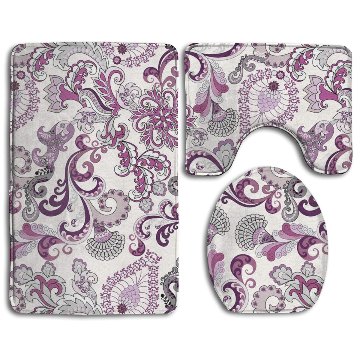 PUDMAD Lilac and Grey Vintage 3 Piece Bathroom Rugs Set Bath Rug