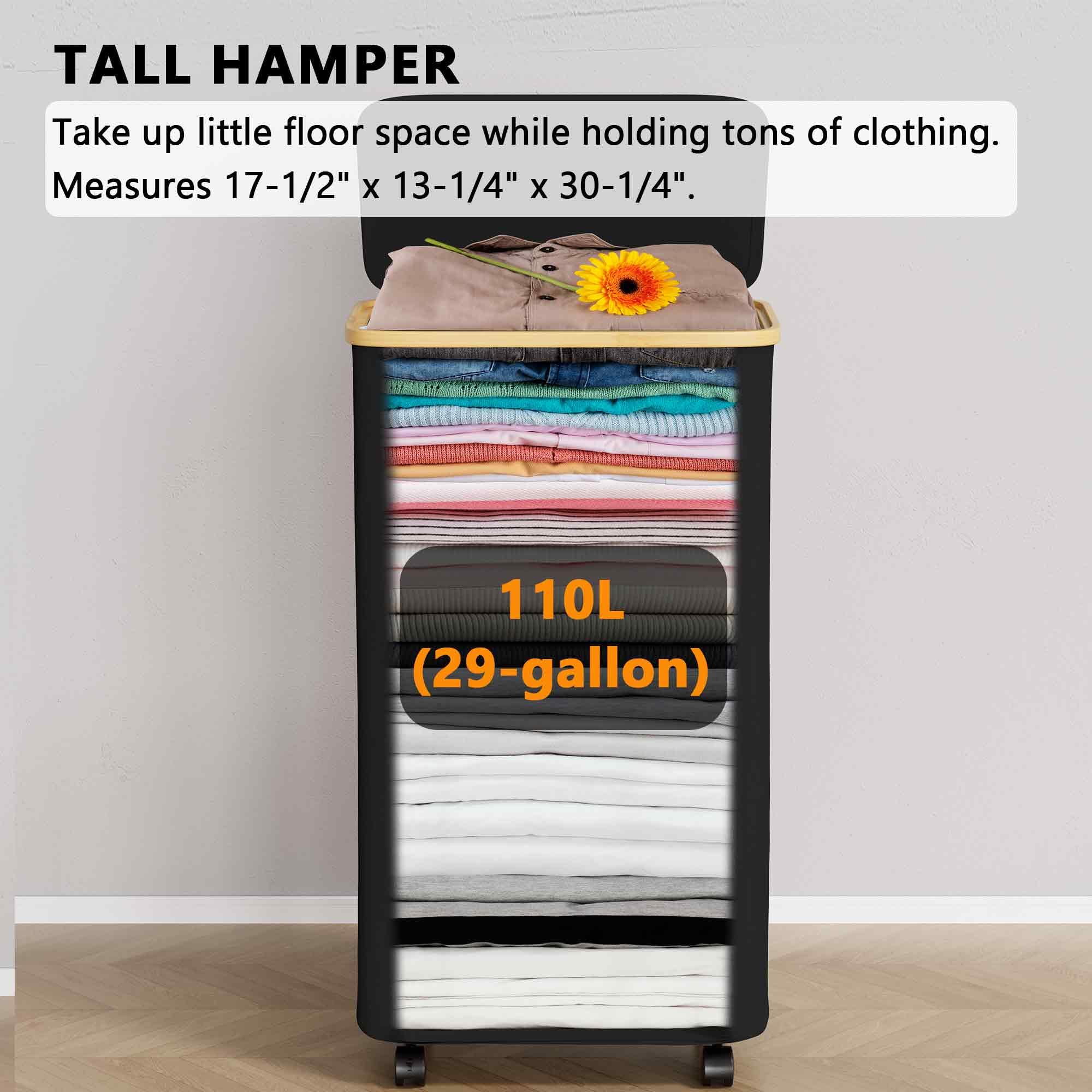 Laundry Hamper, 29 Gal (110L) Rolling Clothes Basket with Bamboo Handle Wheels and Lid, Large Laundry Hamper for Bedroom, Bathroom, Dorm, Laundry Room - Black