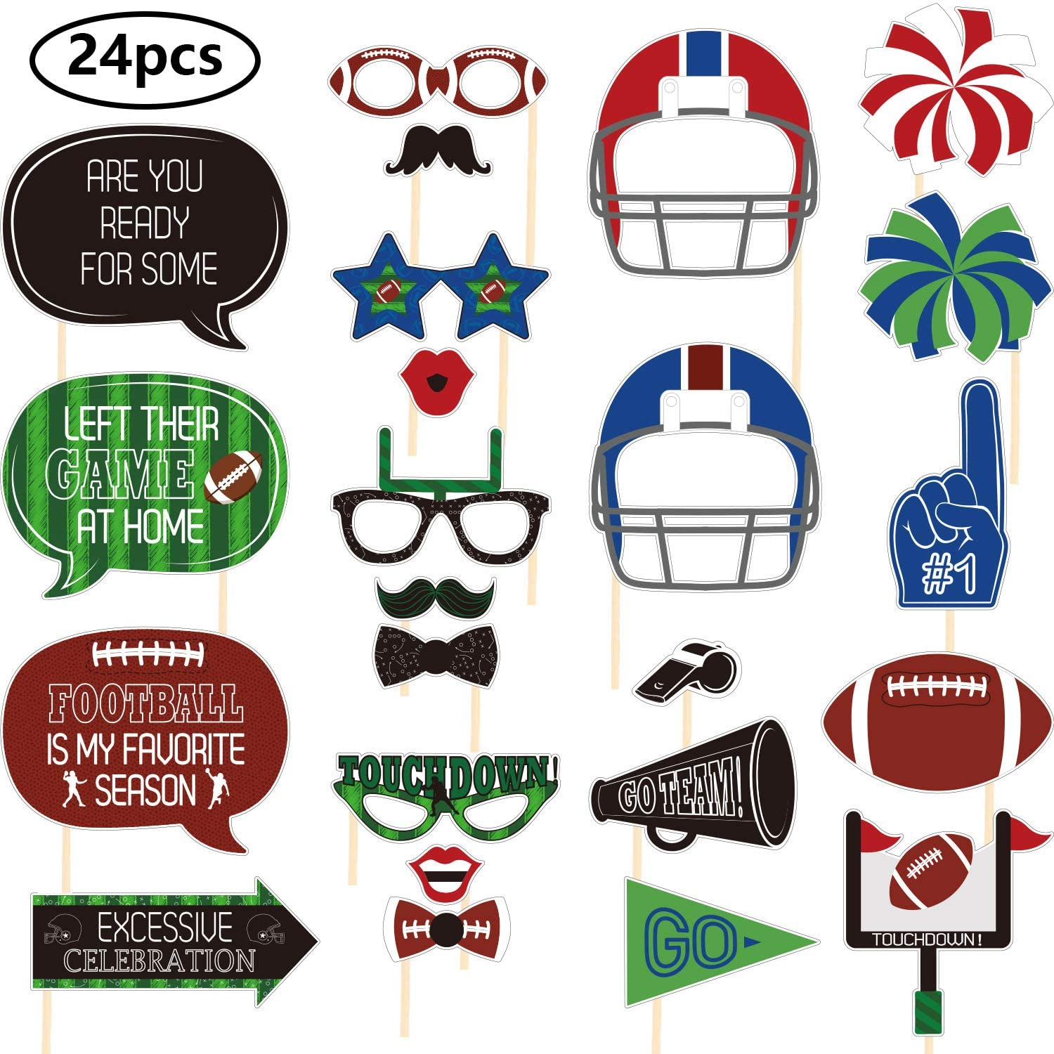24 Pieces Football Photo Booth Props, Super Football Bowl Party Photo Booth Props with Stick