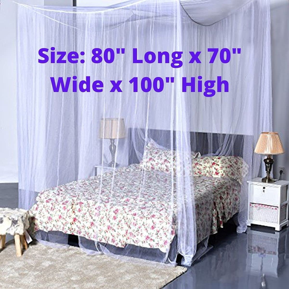 White Bed Canopy Curtains, 4 Corner Bed Canopy Queen - 80" L X 70" W X 100" H White Canopy for Twin Bed for Better Sleep - Easy to Assemble Bed Mosquito Net for Bed, Ideal Queen Canopy Bed Curtains