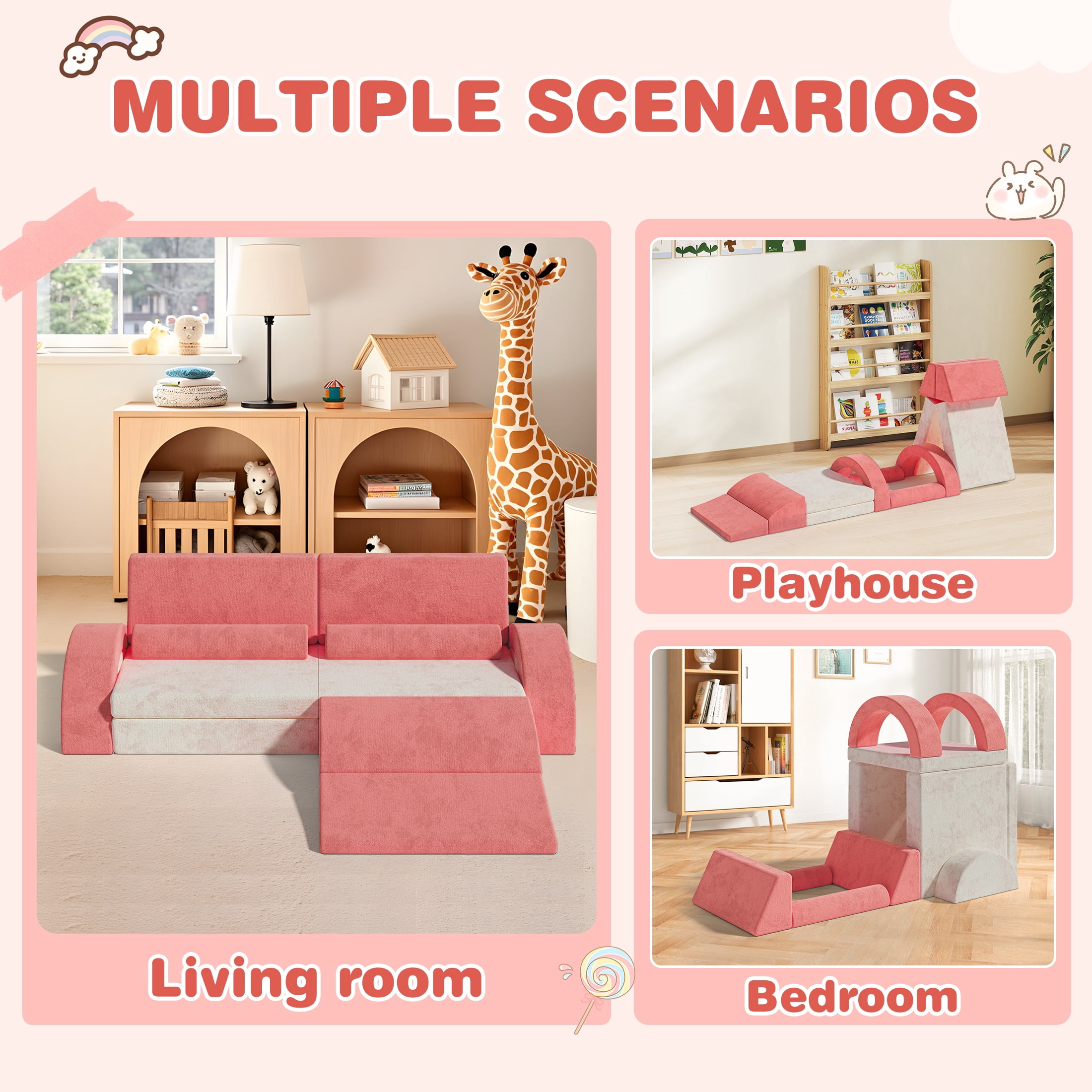 11PCS Modular Kids Play Couch, HSUNNS Fabric Kids' Sofa with Removable Cover, Convenient Storage, Indoor Foam Sofa Living Room Sectional Couch for Boys Girls 3-8, CPC Certification, Pink