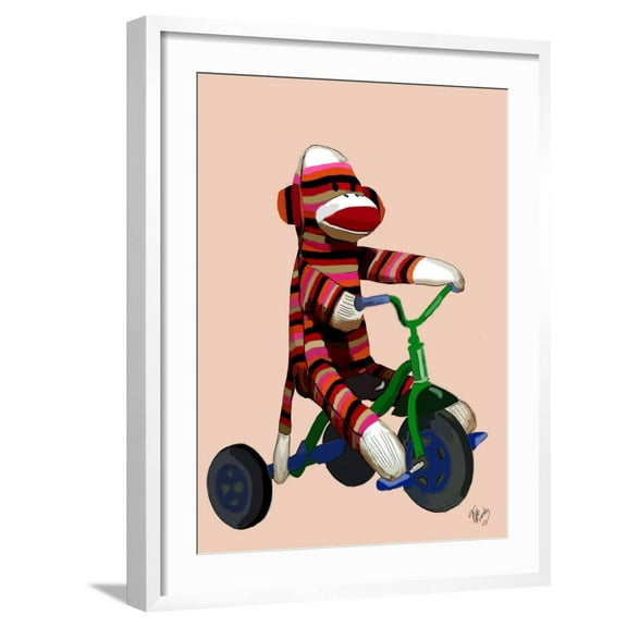 Art.com Sock Monkey Tricycle Art Print by Fab Funky, White Frame Wall Art, 23" x 29"
