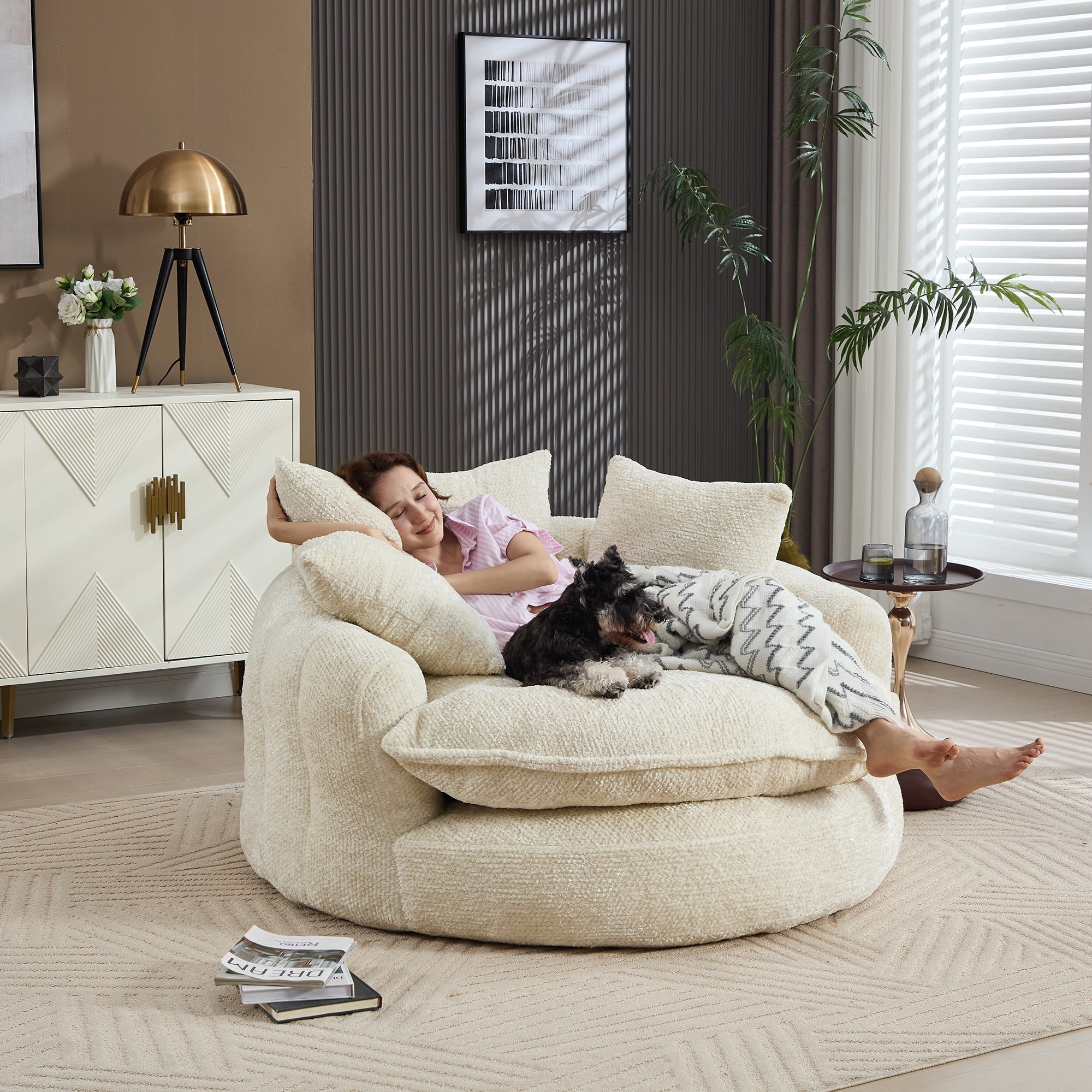 Aukfa 55" Oversized Round Chaise Lounge Chair, Fluffy Deep Seat Cloud Floor Sofa, Modern No Assembly Couch, Beige