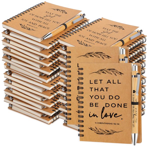 Kosiz 100 Pcs/ 50 Set Christian Gift Bulk Include Spiral Notebook and Bible Verse Ballpoint Pen Prayer Journal Valentines Religious Gift for Church M