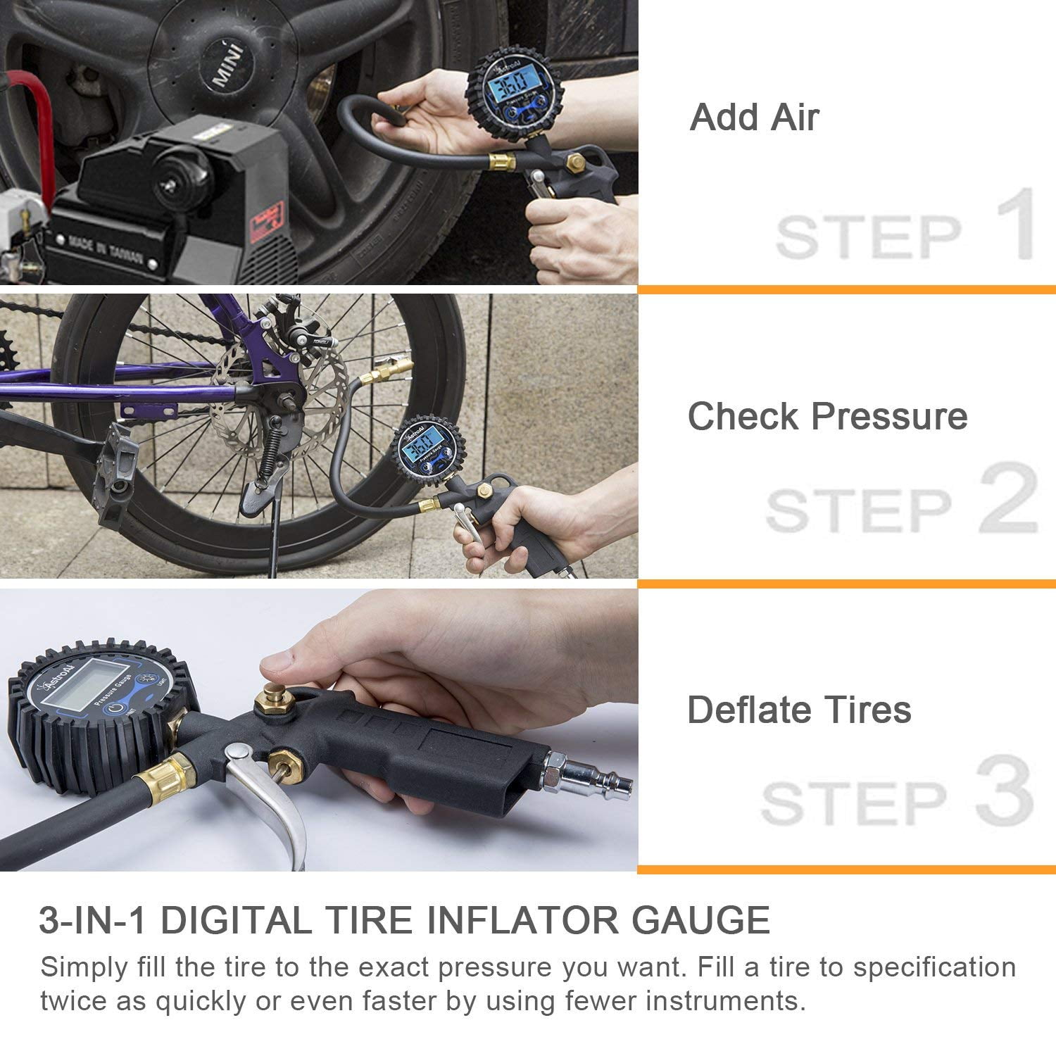 Digital Tire Inflator With Pressure Gauge, 0-250 PSI, Easy to Read