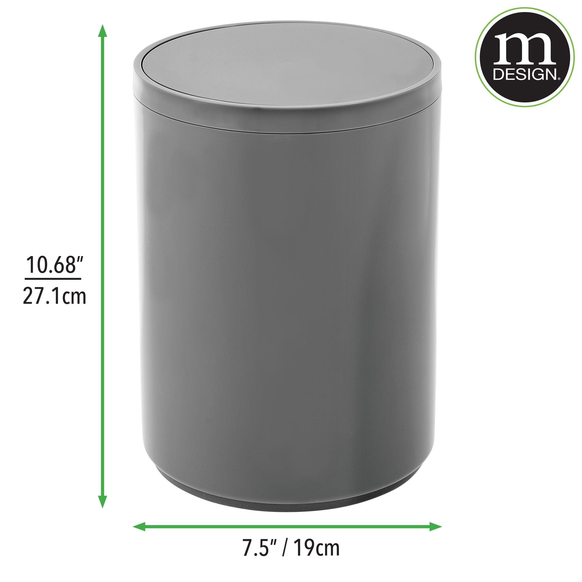 mDesign Plastic Small Round 1.7 Gallon Trash Can with Swing Lid - Charcoal Gray