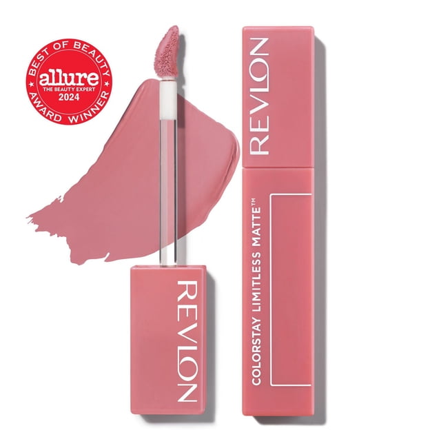 Revlon ColorStay Limitless MatteTM Rouge à Lèvres Liquide Rose Atténué avec une Finition Mate, Montrant le tube Rectangulaire et la Baguette Applicatrice Pointue à Côté d'Un Échantillon de Rouge à Lèvres, Mettant en Valeur Sa Longue Tenue, Formule Sans Bavure, sur un Fond Blanc avec un Écusson de Prix Allure Best of Beauty 2024.