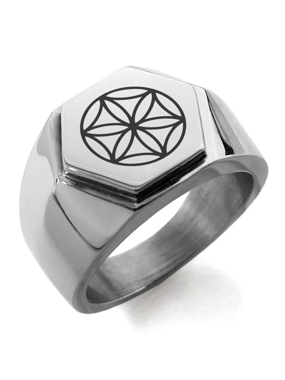 Stainless Steel Aphrodite Greek Goddess of Love Engraved Hexagon Crest Flat Top Biker Style Polished Ring