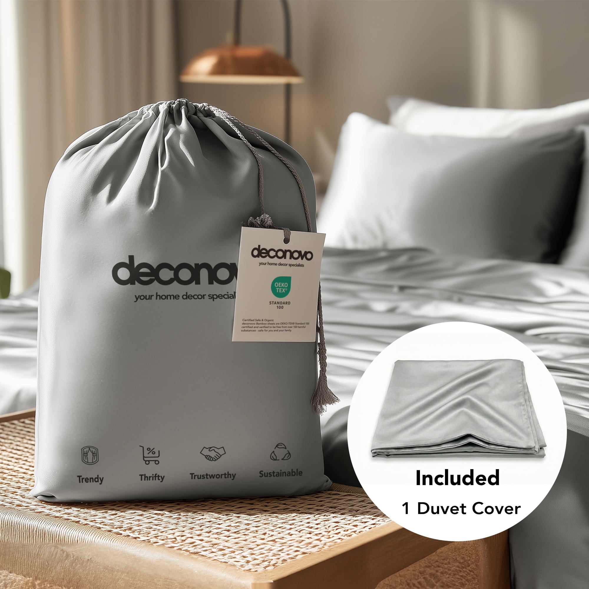 Deconovo Silky Soft Bamboo Satin Duvet Cover - Eco-Friendly Luxury Bedding Set for Home, Light Grey, 90"x90"