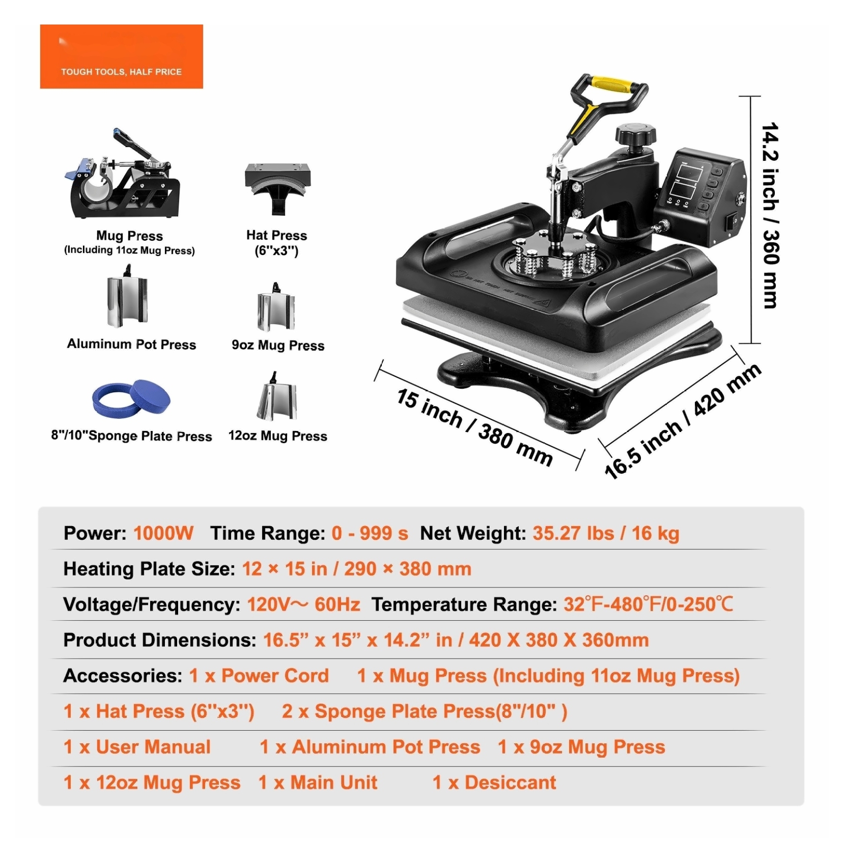 Heat Press Machine 12x15 8 in 1 Sublimation Heat Press, ETL Certified Swing Away Power-Saving Combo for T-Shirts, Mugs, Caps, Plates, Black