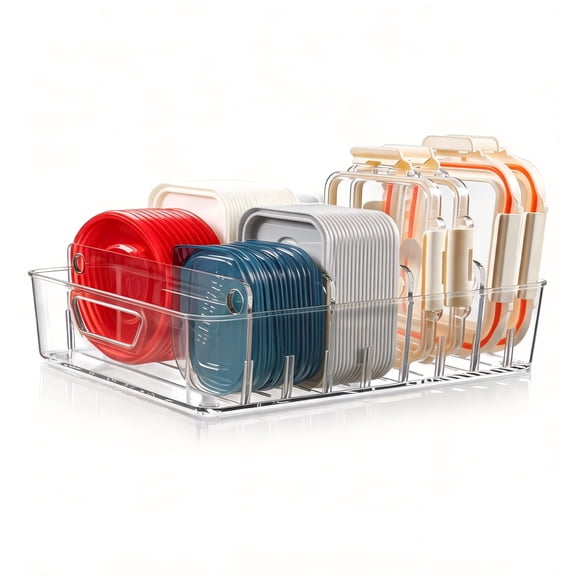 VOZOGO Kitchen Cabinet Organizer for Food Contanier Lid, Clear Plastic Lid Holder with Adjustable Dividers for Pantry Organizers and Storage, Lid Storage Organizer for Home,clear(1 pack)