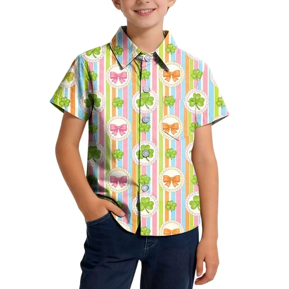 Boys St.Patrick's Day Shirt Clover Printed Short Sleeve Button Up Shirts Hawaiian Beach Casual Dress Shirts Size 2-10 Years