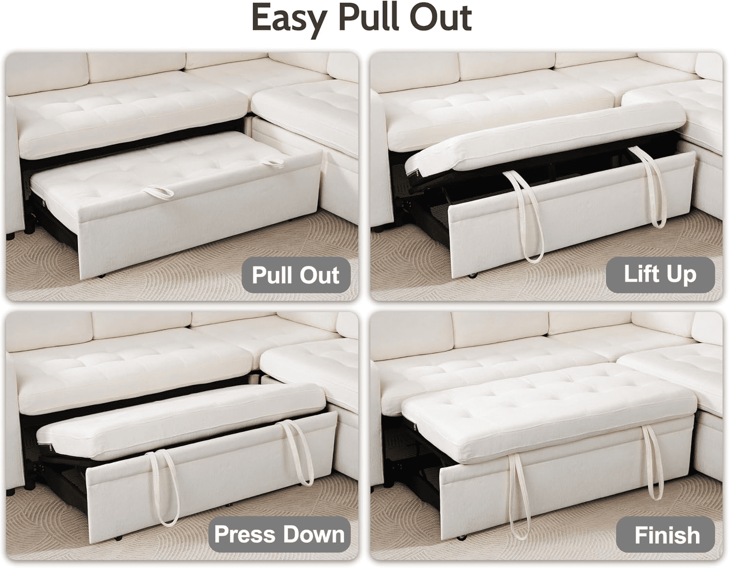 Modular Sectional Sleeper Sofa with Pull-Out Bed, L-Shaped Chenille Couch, USB Ports, Adjustable Backrest & Storage Seats, Tool-Free Assembly – Comfortable & Stylish Living Room Furniture