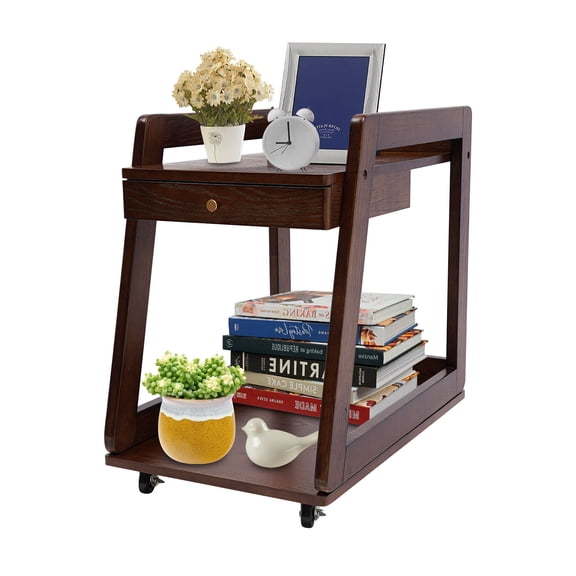 Solid Wood End Table with Rolling Wheels 2-Tier Couch Side Table Nightstand with Open Storage Shelf   Drawer for The Living Room and Bedroom (Walnut)