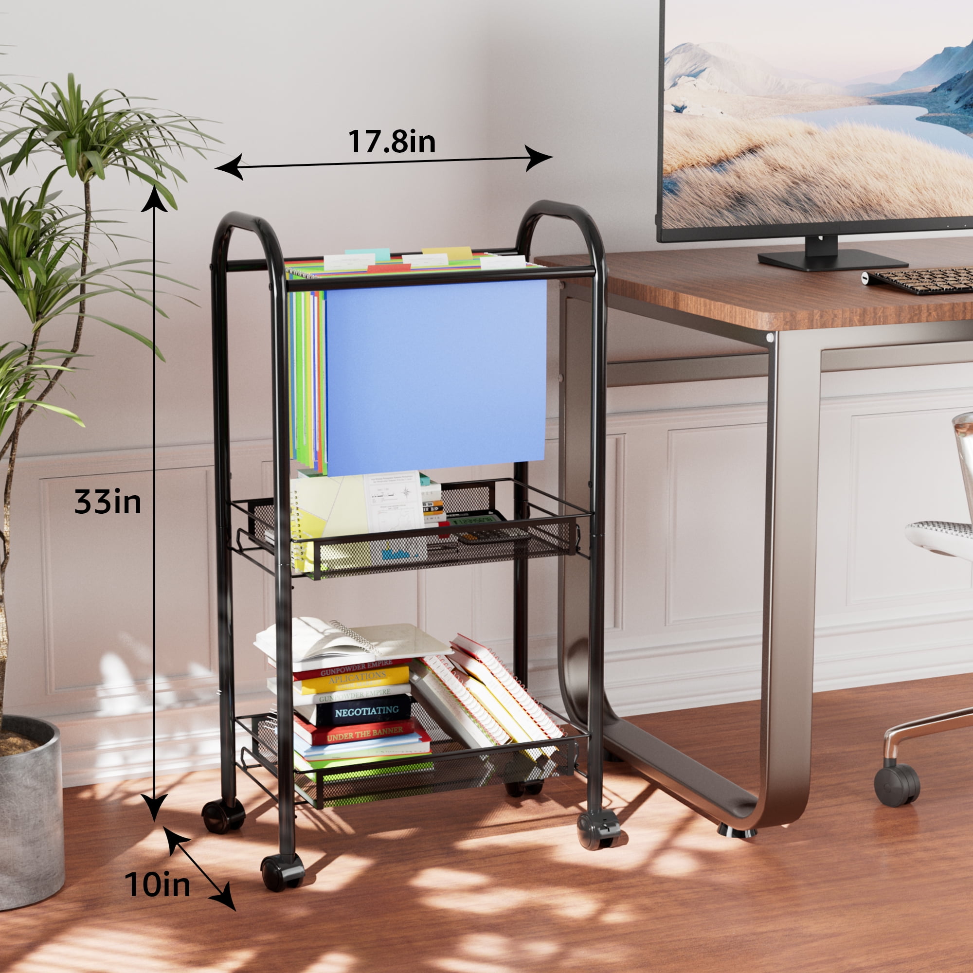 Rolling File Cart WONDERBUY 2-Tier Hanging File Folders, Lockable Wheels and Detachable Wheels Rolling Storage Cart, - Ideal for Office, Home, School.