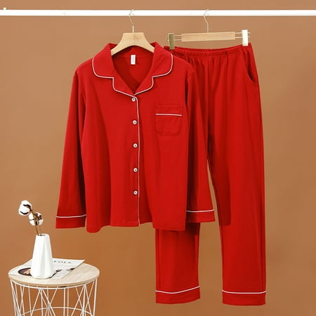 

SELONE Womens Pajama Sets Lingerie for Women with Pockets Casual Men Single Solid Cardigan Sleepwear Tops Pants Turndown Suit Nightgowns Pj Set for Valentines Day Anniversary Wedding Honeymoon Red M